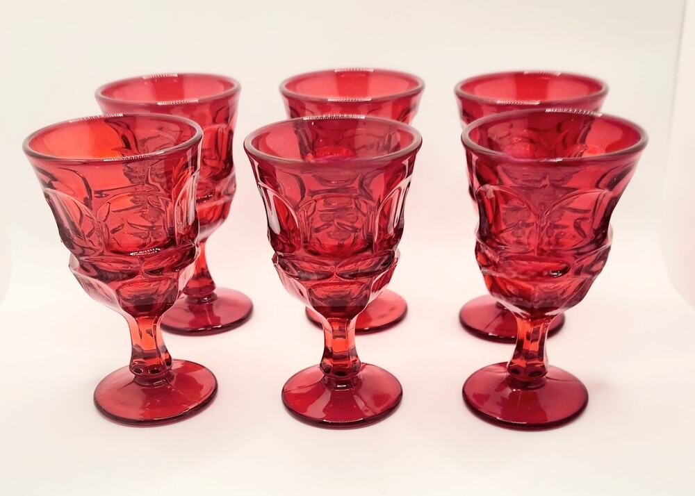 6 Fostoria Argus Ruby Red Wine Glass Stem #2770 Thumbprint Vintage 4 7/8"